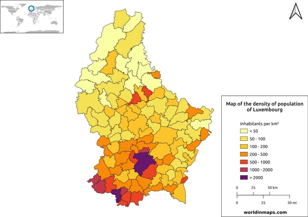 Map of the density of population of Luxembourg