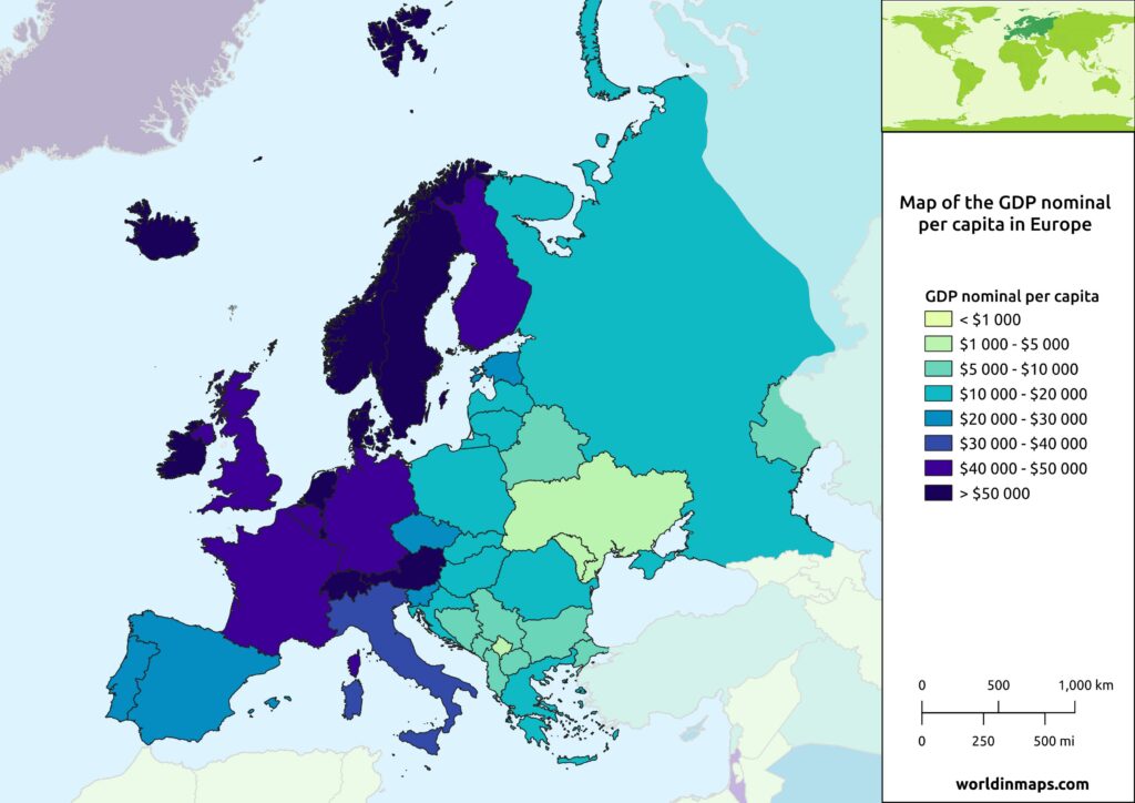 Map of the GDP nominal per capita in Europe