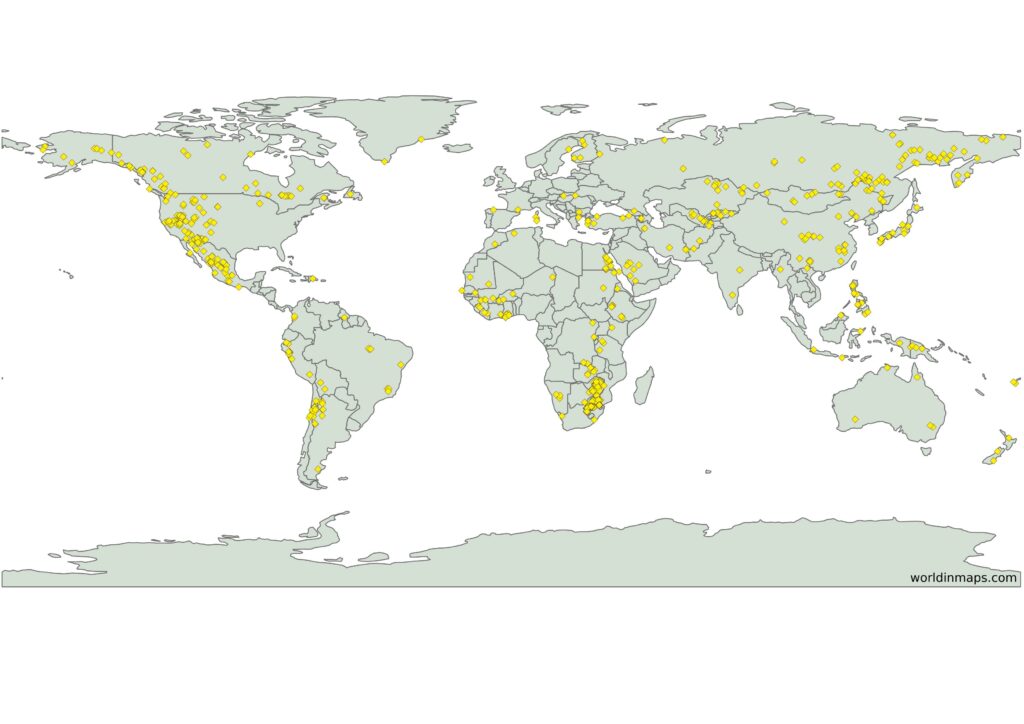 map with the major gold deposits in the world