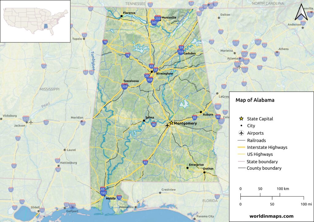 Map of Alabama with cities rivers and roads
