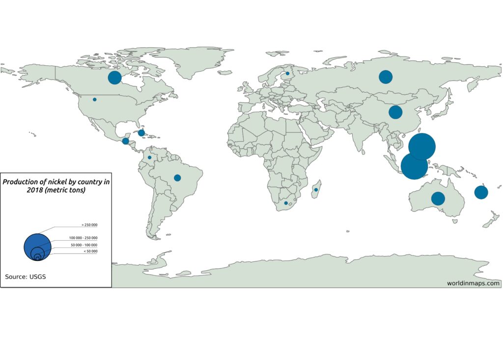 map of the nickel production by country