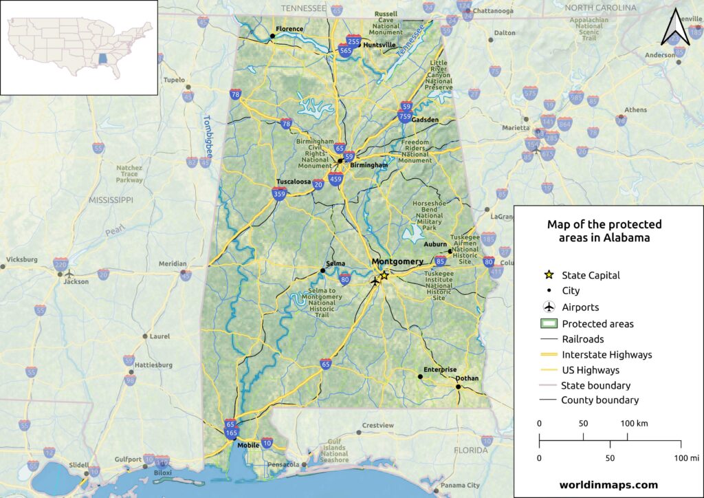Map of the protected areas in Alabama
