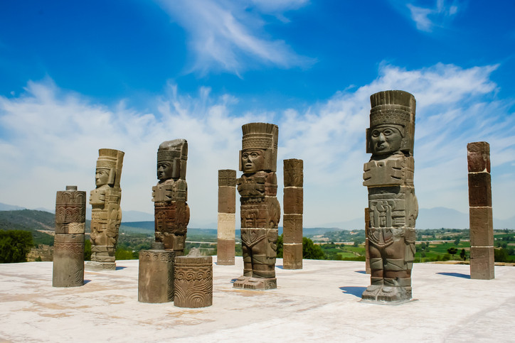 Massive Toltecs Atlantean columns of the pyramid B in Tula