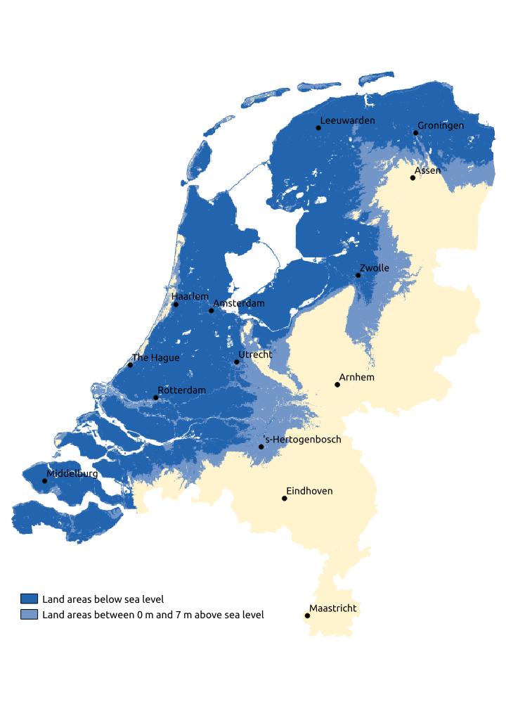 Map of the land areas below sea level in the Netherlands