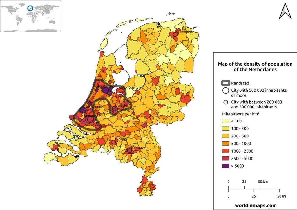 Map of the density of population of the Netherlands