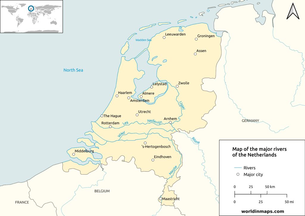 Map of the major rivers of the Netherlands