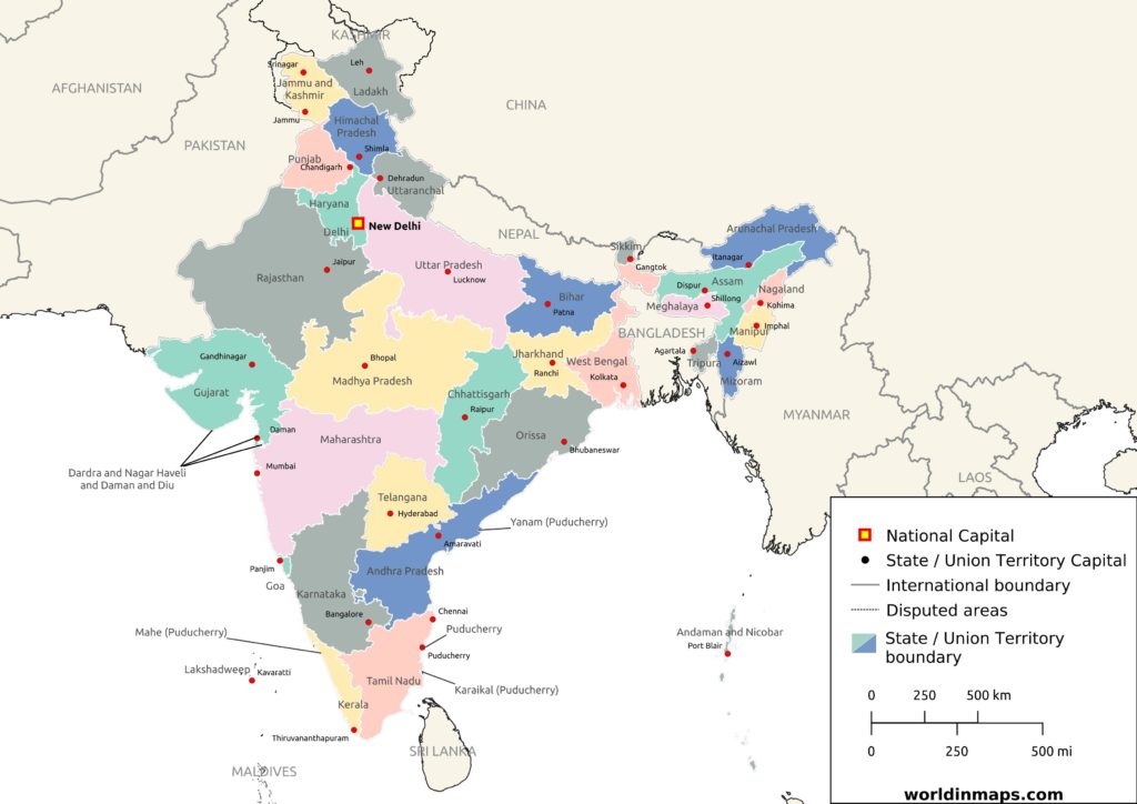 Political map of India with states and cities
