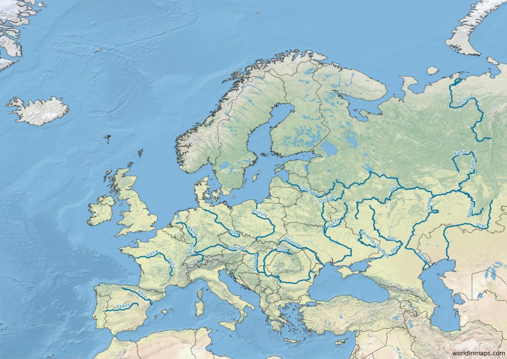 Map of the longest rivers in Europe