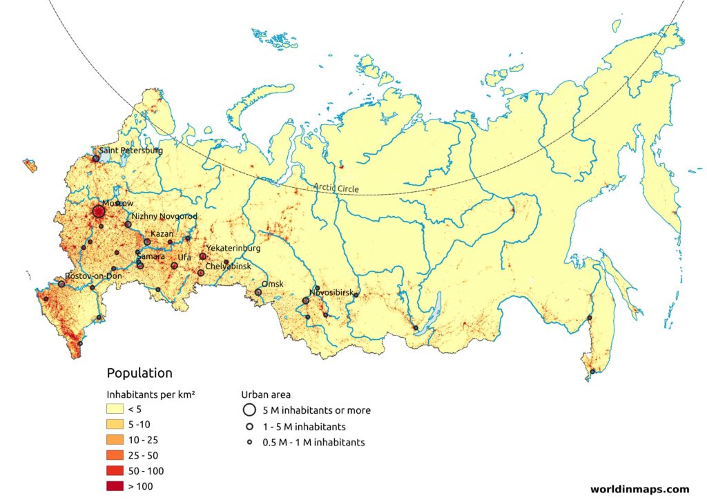 Population map of Russia with the density of population and the major cities