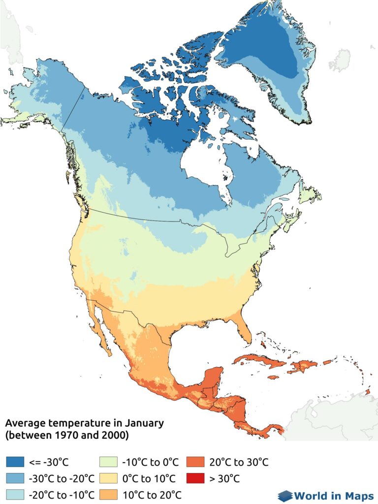 Map of the average temperature in January in North America (between 1970 and 2000)