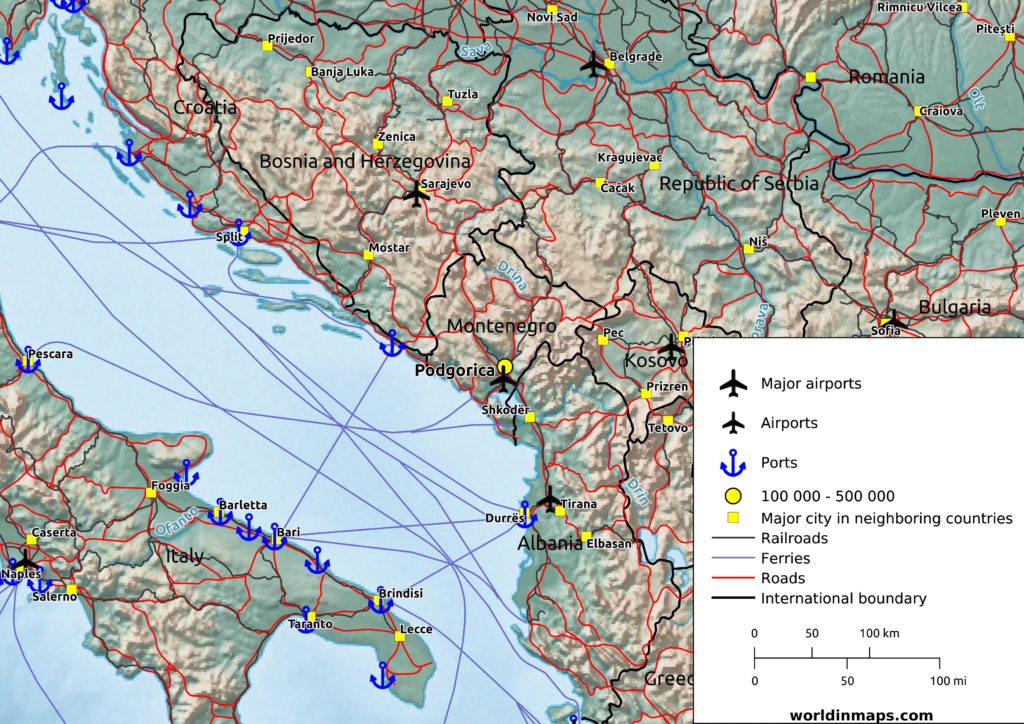cities, railroads and road map of Montenegro