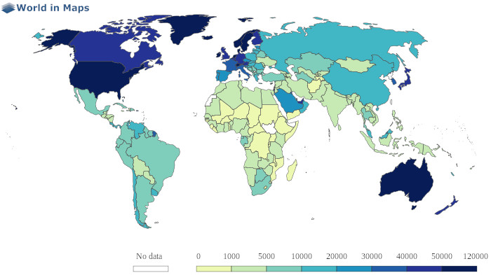 world map of the GDP per capita (US$)