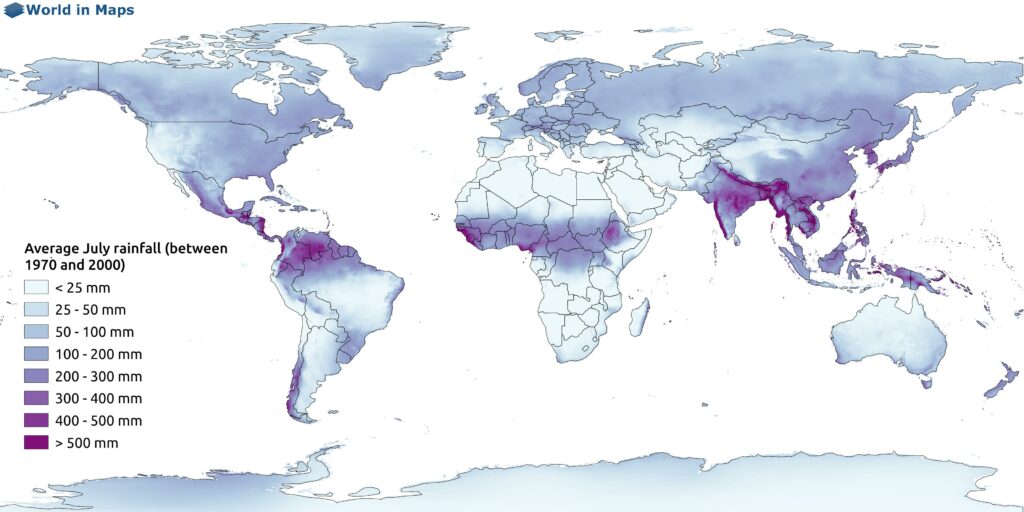 world map of the average July rainfall (between 1970 and 2000)
