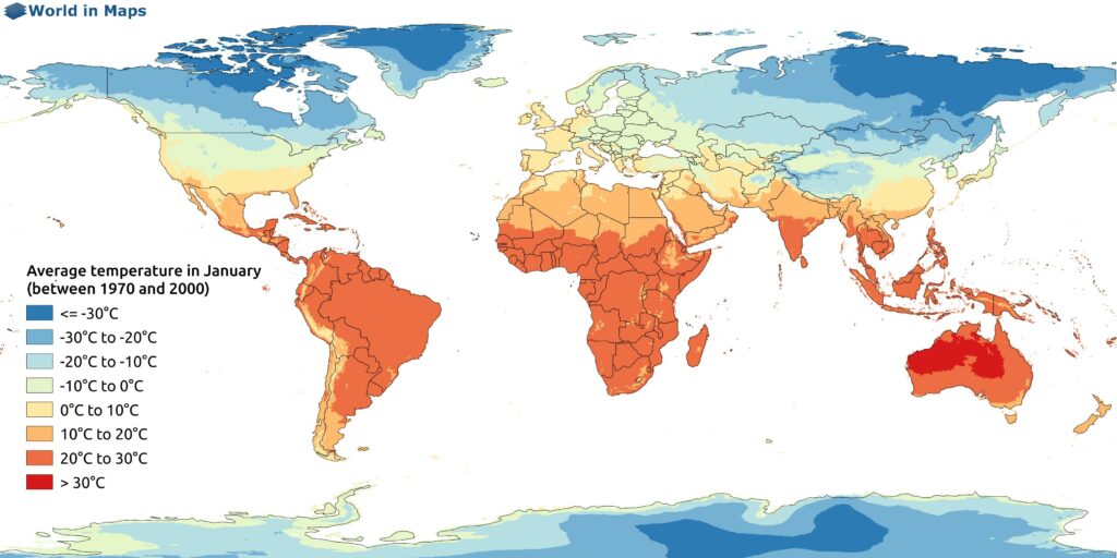 World map with the average temperature in January (between 1970 and 2000)